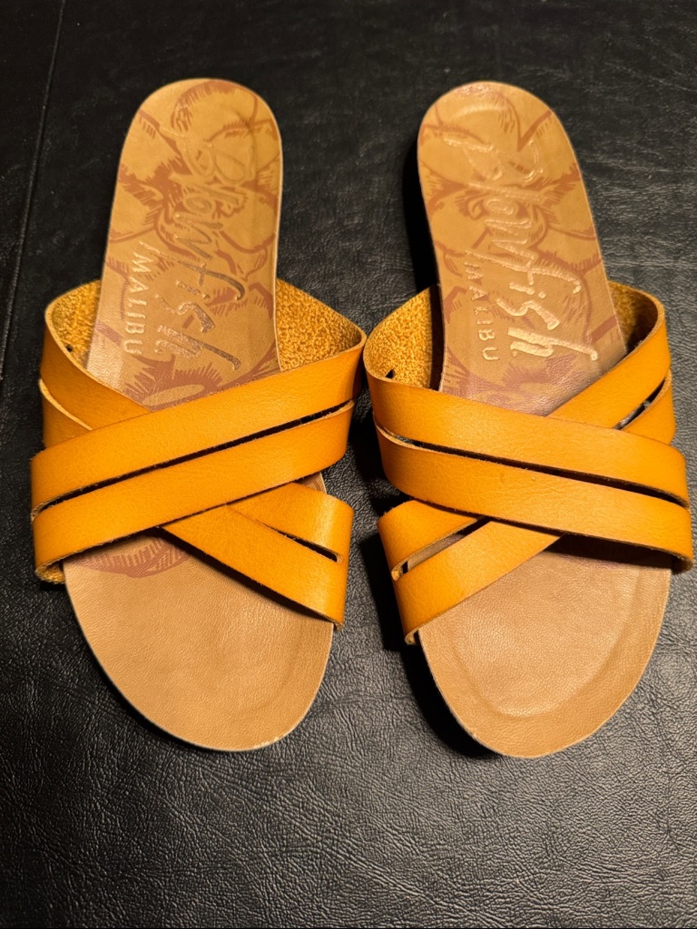 Malibu Blowfish Women's Crisscross Mustard Slide Sandals